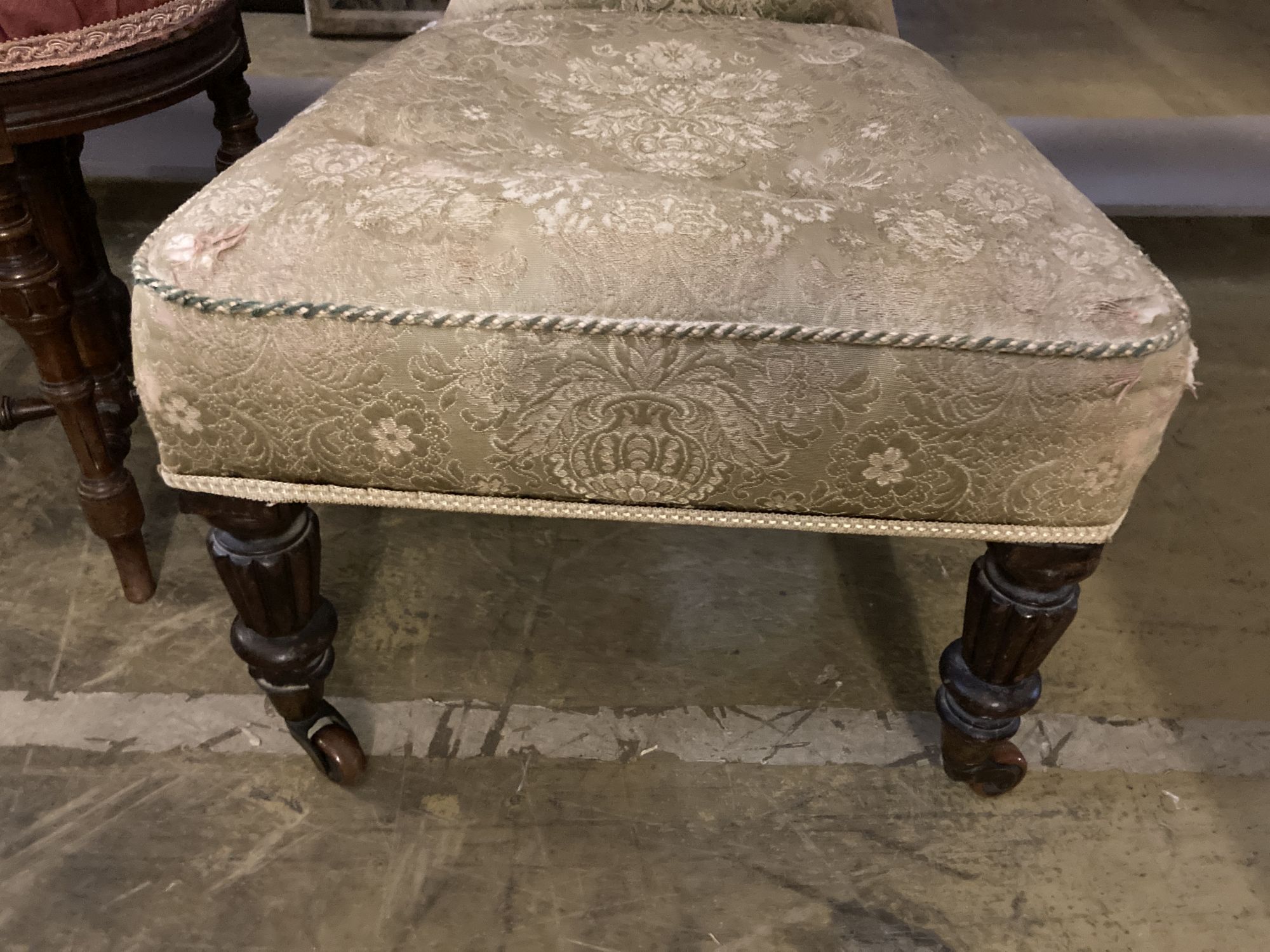 A late Victorian walnut piano stool by Shoolbred & Co, together with an early Victorian upholstered side chair